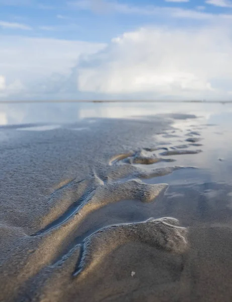 Bulutlu Bir Günde Gölün Kenarındaki Islak Kumun Dikey Görüntüsü — Stok fotoğraf