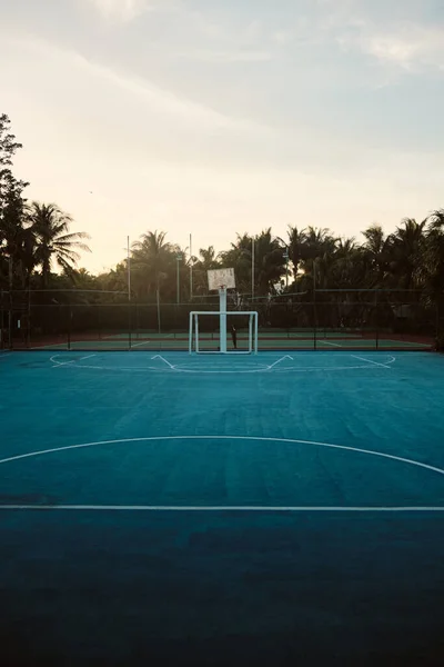 Een Verticaal Schot Van Een Basketbalrek Een Hof Omringd Door — Stockfoto