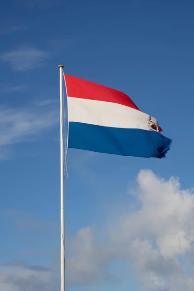 Disparo Vertical Bandera Los Países Bajos Bajo Las Nubes —  Fotos de Stock