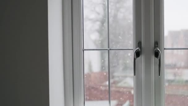 Beautiful Shot Snow Falling Window — Stok video