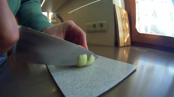 Szef Kuchni Krojący Cebulę Nożem — Wideo stockowe