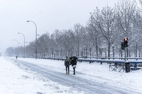 2021年 在西班牙马德里空旷的雪地街道上散步的美丽照片 — 图库照片