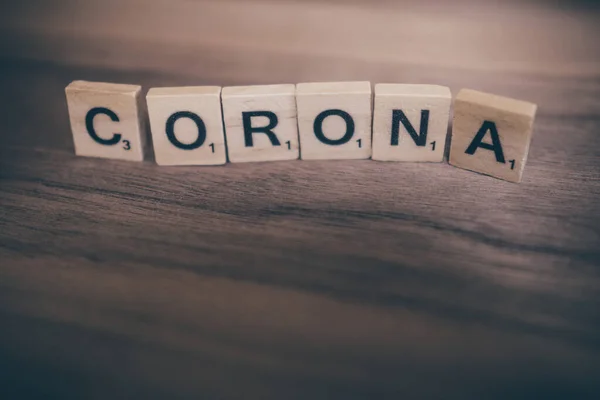 Scrabble Letters Wooden Background Spelling Word Corona — Foto Stock