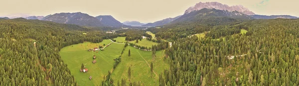 Egy Erdő Egy Völgy Mezőkkel Legelőkkel Alpok Hegyei Előtt — Stock Fotó