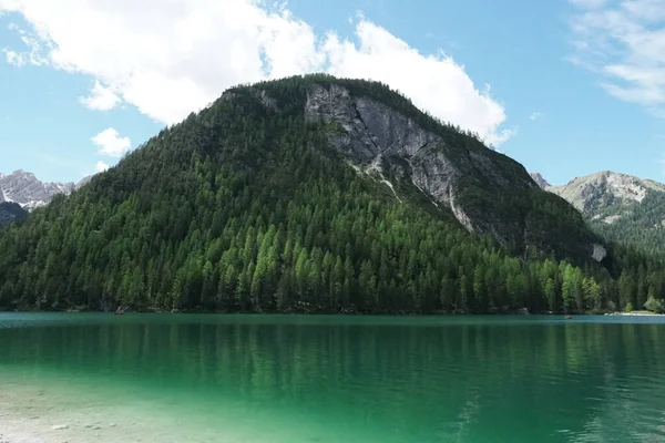 Beautiful Shot Lake Next Rocky Cliff Covered Pine Trees — Stock Photo, Image