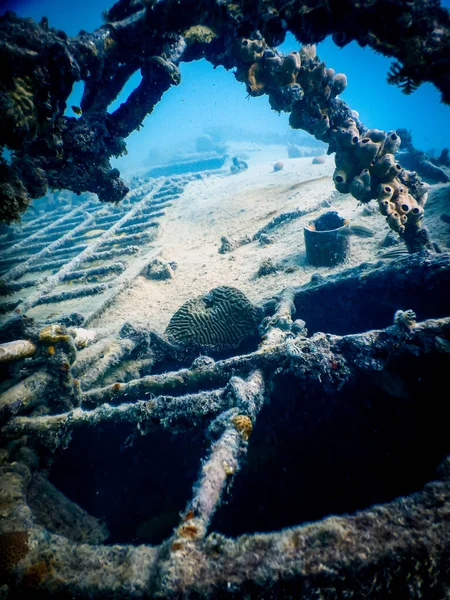 Closeup Vertical Shot Sunken Ship Remains Coral Reefs Bottom Sea — Stock Photo, Image