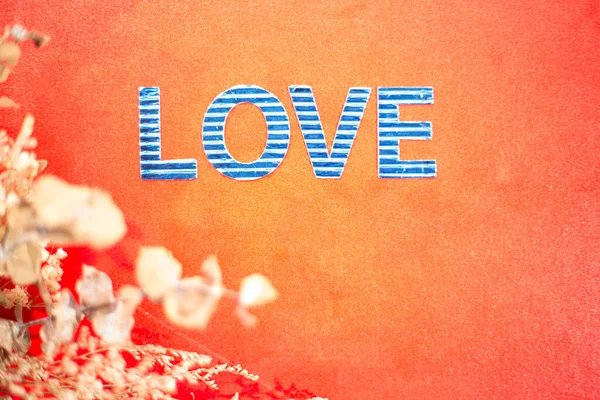 Eine Draufsicht Auf Blauen Buchstaben Die Liebe Und Blumen Auf — Stockfoto