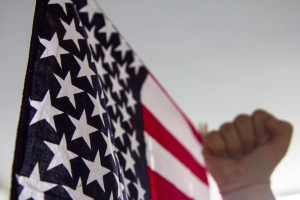 Closeup Hand Fist Sign American Flag Background — Stock Photo, Image