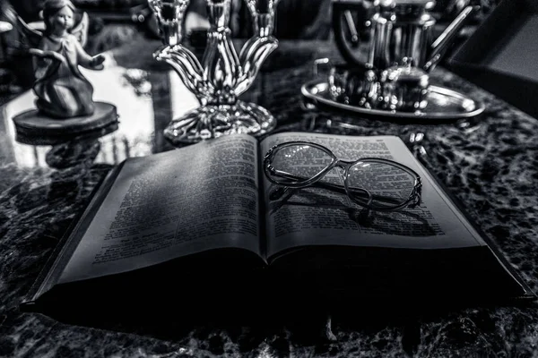 Grayscale Shot Glasses Left Old Testament Book — Stock Photo, Image