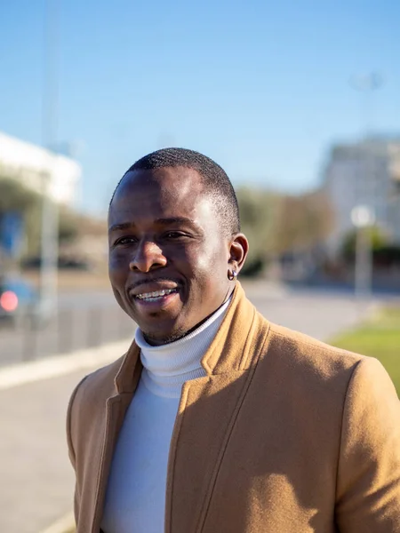 Shallow Focus Adult African Male Wearing White Turtleneck Beige Coat — Stock Photo, Image
