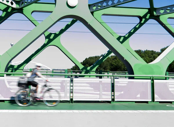 Blurred Shot Cyclist Riding Bridge Heading Work — Stock Photo, Image