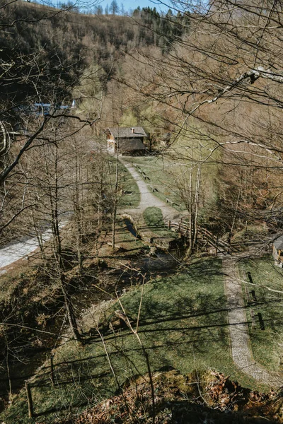 Die Sonnige Landschaft Eines Alten Bauernhauses Wald — Stockfoto