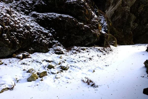 Крупный План Скал Покрытых Снегом Лесу — стоковое фото