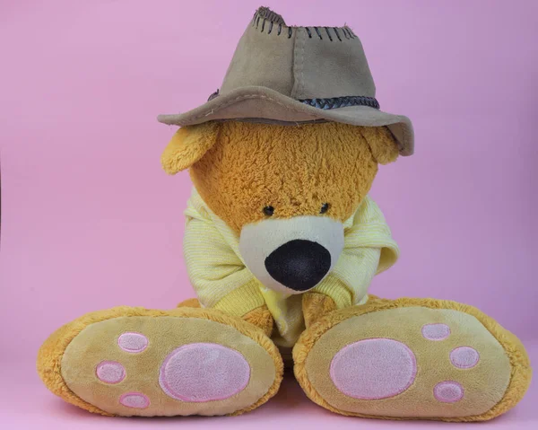 Egy Közeli Kép Egy Aranyos Medve Játék Elszigetelt Rózsaszín Háttér — Stock Fotó
