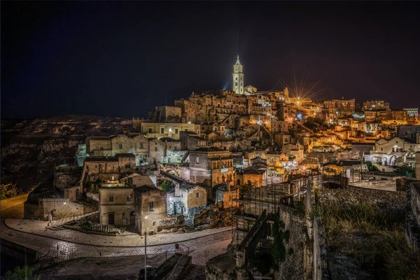 Krásná Noční Městská Krajina Matera Katedrálou Nejvyšším Bodě Města Basilicata — Stock fotografie