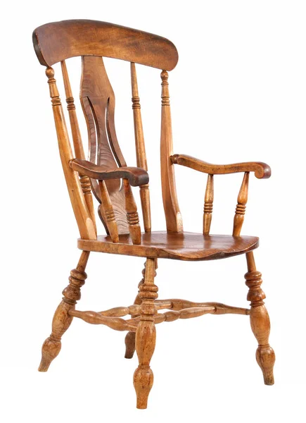 Eine Nahaufnahme Von Hölzernen Vintage Stuhl Isoliert Auf Weißem Hintergrund — Stockfoto