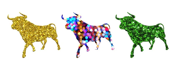 Rendering Three Colorful Glitter Bulls Isolated White Background — Stock Photo, Image