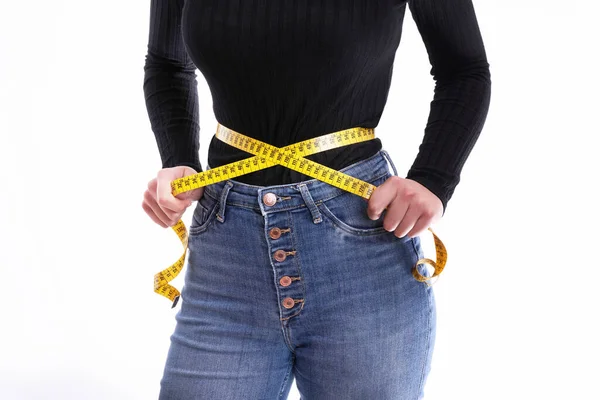 Closeup Shot Female Holding Tape Measure Her Waist — Stock Photo, Image