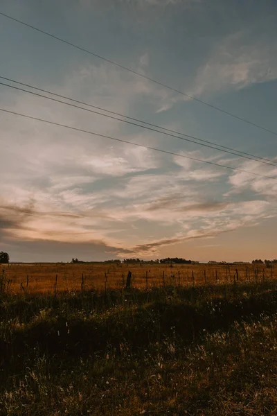 日没時の田舎のフェンスと電線のある畑の垂直ショット — ストック写真