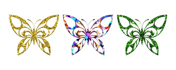 Las Tres Mariposas Con Diferentes Patrones Aislados Sobre Fondo Blanco — Foto de Stock