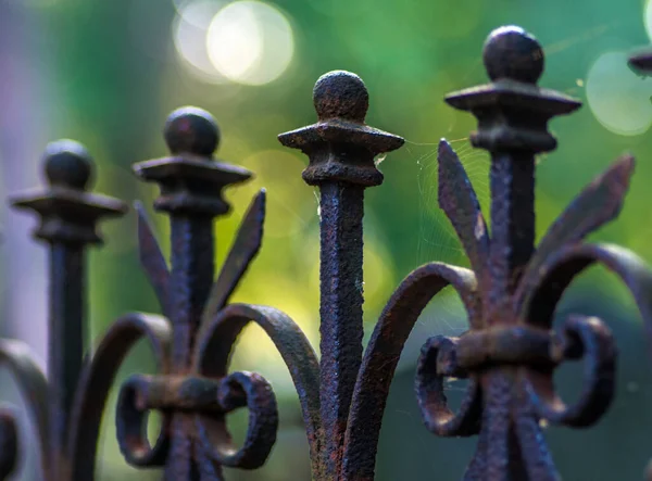 Een Lage Hoek Van Een Roestig Metalen Hek Met Een — Stockfoto