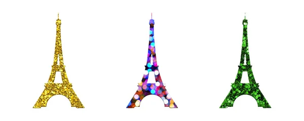 Die Drei Eiffeltürme Mit Unterschiedlichen Mustern Isoliert Auf Weißem Hintergrund — Stockfoto