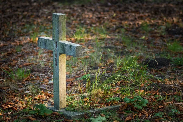 Wysoki Kąt Widzenia Krzyża Stojącego Prosto Grobie Cmentarzu — Zdjęcie stockowe