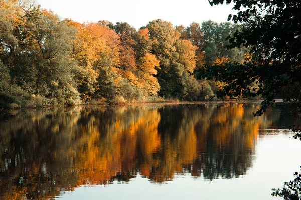 Die Landschaft Eines Sees Spiegelt Bunte Bäume Einem Herbstlichen Wald — Stockfoto