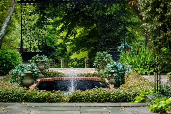 Una Pequeña Fuente Rodeada Hierba Plantas Medio Parque —  Fotos de Stock