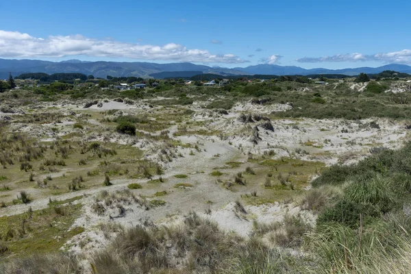 Πλακόστρωτη Ζώνη Στην Παραλία Waikawa Σπίτια Απόσταση Κοντά Στην Οροσειρά — Φωτογραφία Αρχείου
