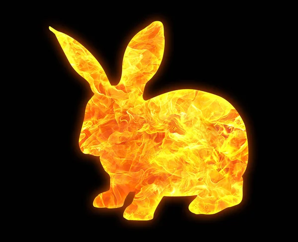 Ein Kaninchenumriss Mit Einem Hellen Feuermuster Isoliert Auf Schwarzem Hintergrund — Stockfoto