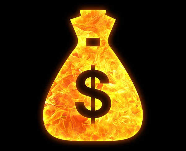 Esboço Saco Dinheiro Com Padrão Fogo Brilhante Isolado Fundo Preto — Fotografia de Stock