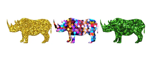 Трехмерный Рендеринг Трех Красочных Блестков Носорогов Выделенных Белом Фоне — стоковое фото