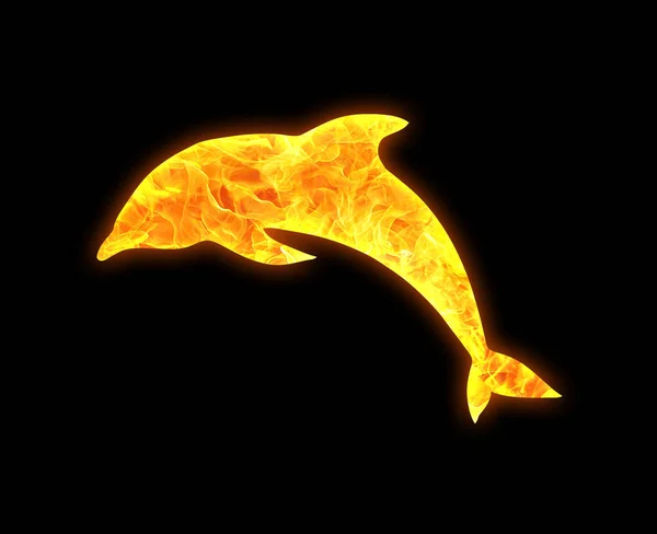 Contorno Delfines Con Patrón Fuego Brillante Aislado Sobre Fondo Negro — Foto de Stock