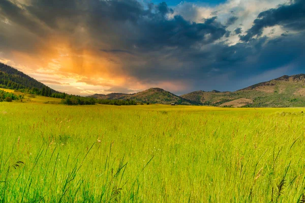 Krásný Výhled Velké Zelené Údolí Pod Zataženou Oblohou — Stock fotografie