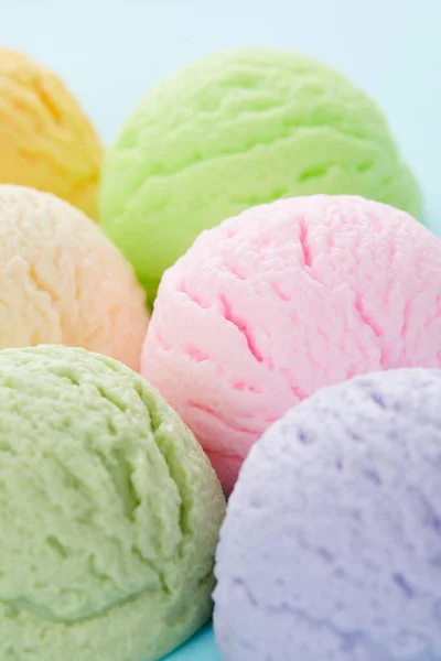 Selective Focus Shot Various Flavored Delicious Ice Cream Scoops — Stock Photo, Image