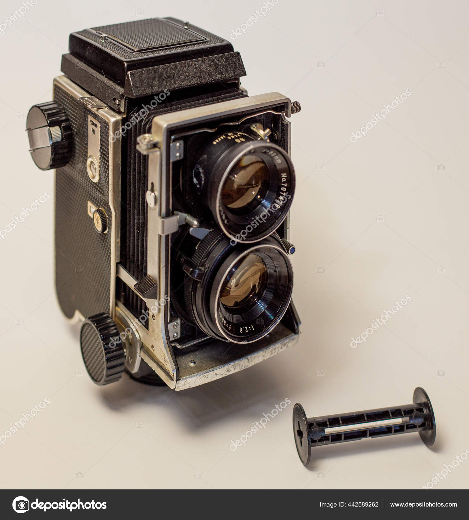 Old Vintage Twin Lens Reflex Roll Film Camera Isolated White