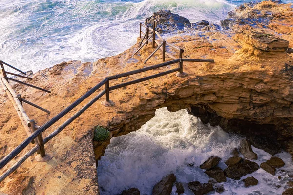 Dangerous Sea Wave Crashes Rocky Coast Spray Foam Tarragona Spain — Stock Photo, Image