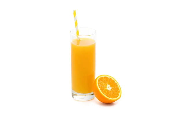 Closeup Shot Glass Invigorating Orange Juice Orange Cut Straw — Stock Photo, Image