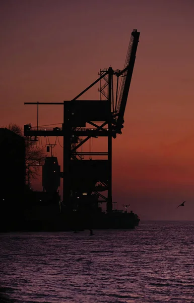 Beautiful View Silhouette Crane Thermal Powerstation Elbe Sunrise — Stock Photo, Image