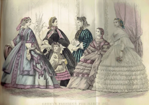 1861年に描かれた本から 19世紀のファッションのモデル図のページ — ストック写真