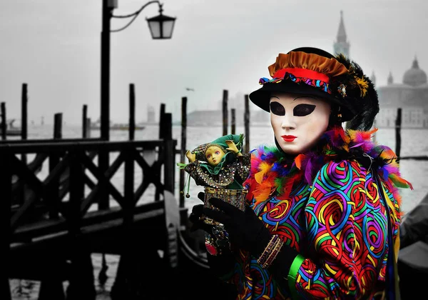 Venice Italy Feb 2016 Person Costume Full Bright Colours Holding — Stock Photo, Image