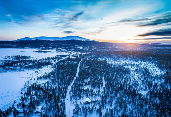 夕暮れ時の雪に覆われた森の魅力的なショット — ストック写真