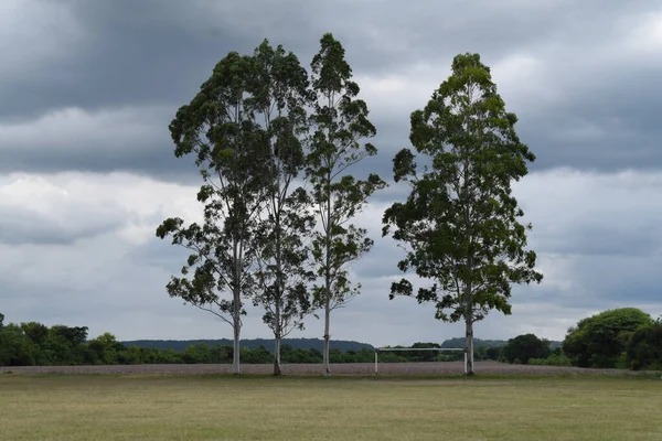 Rainy Cloudscape Abandoned Rural Football Field Old Football Goal Surrounded — Stock Photo, Image