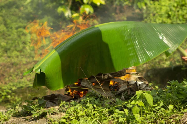 Plan Rapproché Une Feuille Banane Brûlée Sur Petit Feu — Photo