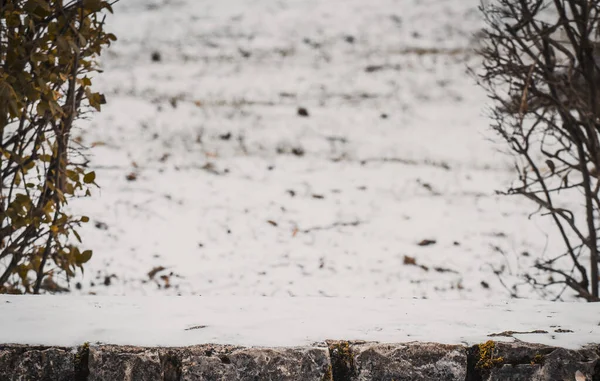 Ένα Επιλεκτικό Πλάνο Εστίασης Ενός Πέτρινου Τοίχου Θολή Χιονισμένο Φόντο — Φωτογραφία Αρχείου