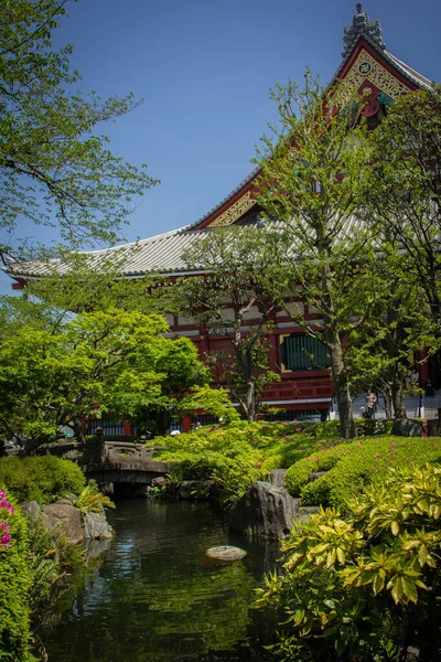 浅草のお寺の近くにある美しい庭園の垂直撮影 — ストック写真
