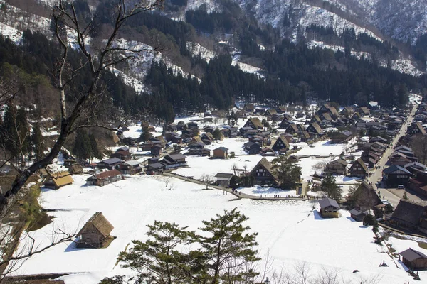 Tiro Ángulo Alto Casas Rurales Campo Cubierto Nieve Shirakawa Japón — Foto de Stock