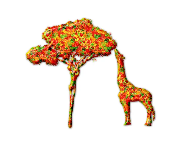 Isoleret Illustration Farverig Giraf Græsning Fra Træet Hvid Baggrund - Stock-foto
