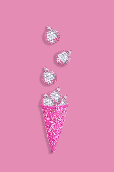 Vertical Shot Ice Cream Illustration Christmas Balls Pink Background — Stock Photo, Image